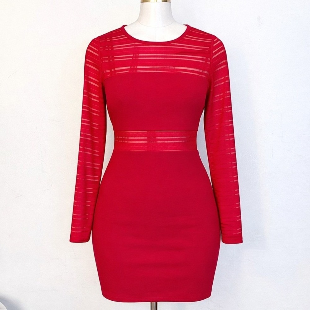 Vintage Y2K Bebe Red Sheer Stripe Long Sleeve Mini Dress Size Large New W/ Tags